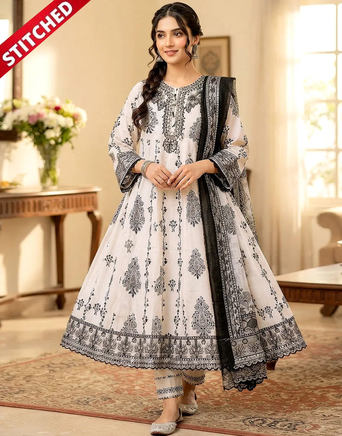 Stitched 3-Piece Embroidered White Cotton Party Wear Maxi Dress