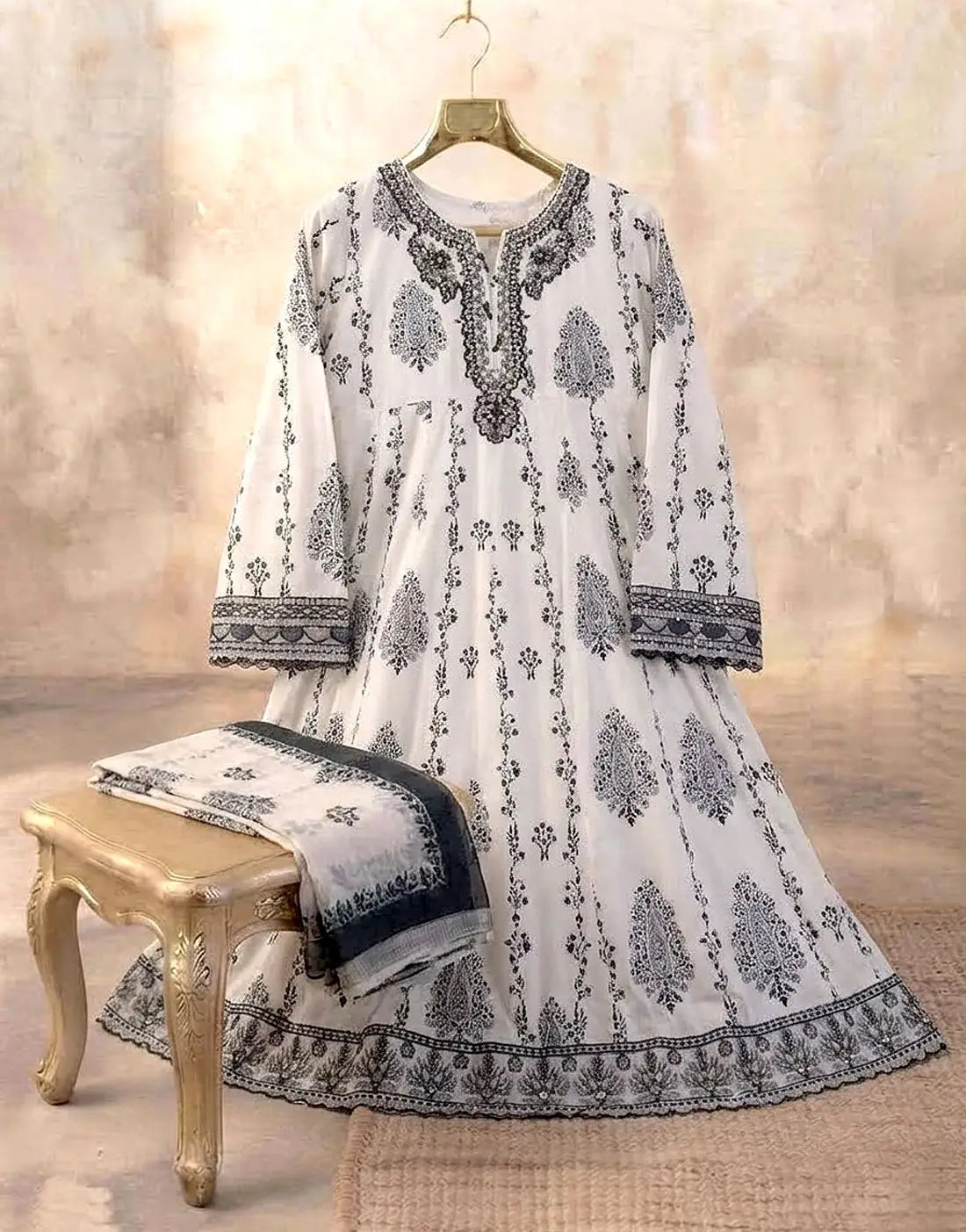 Stitched 3-Piece Embroidered White Cotton Party Wear Maxi Dress