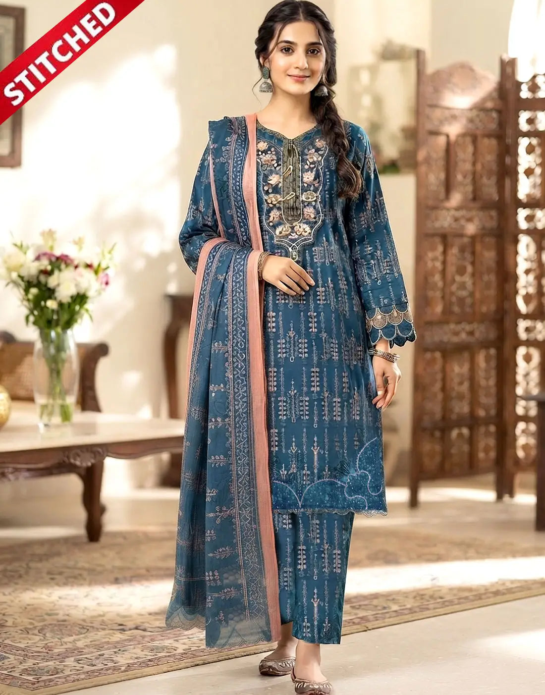 Readymade 3-Piece Embroidered Cotton Party Wear Suit