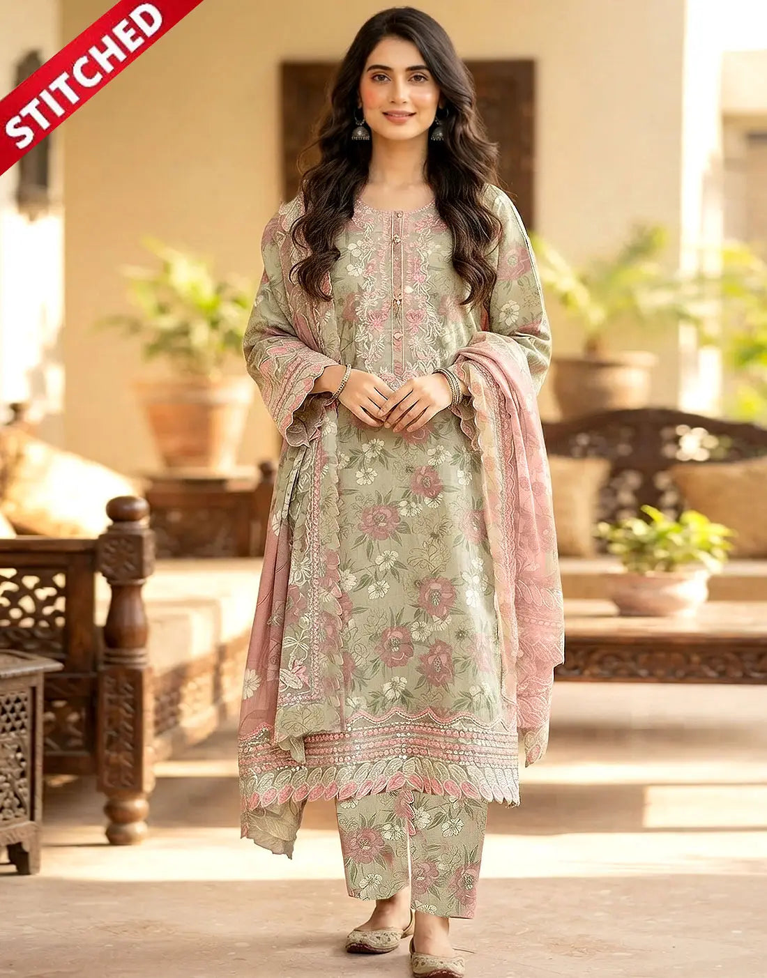 Stitched 3-Piece Embroidered Cotton Lawn Party Wear Dress