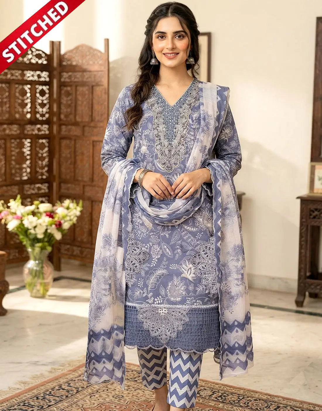 Readymade 3-Piece Embroidered Slate Blue Cotton Dress - Perfect for Formal & Party Wear