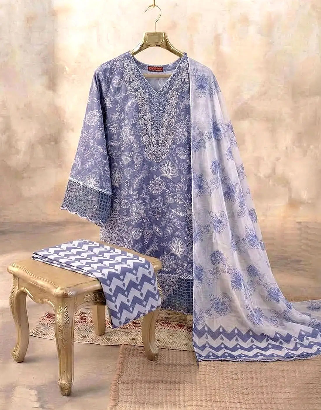 Readymade 3-Piece Embroidered Slate Blue Cotton Dress - Perfect for Formal & Party Wear