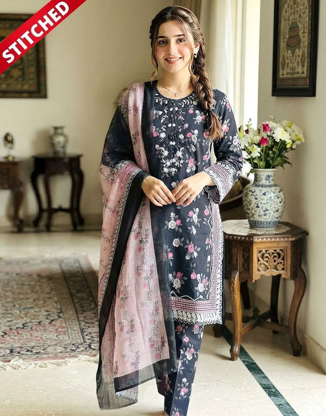 Stitched 3-Piece Embroidered Black Cotton Suit - Ideal for Office & Formal Occasions