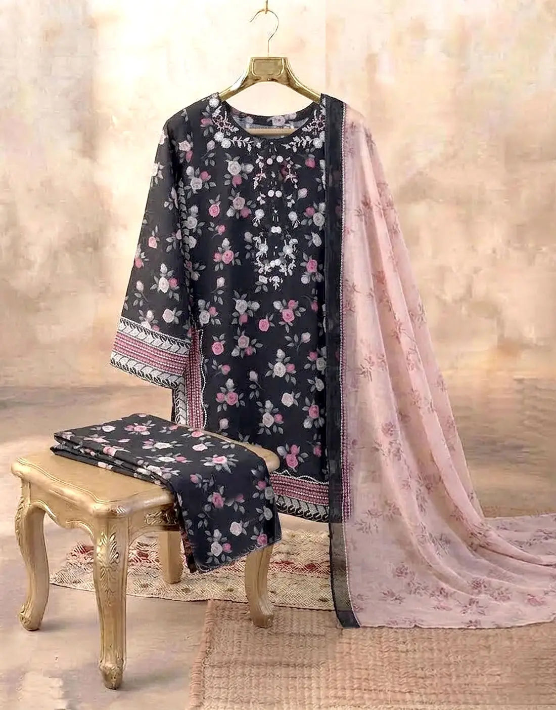 Stitched 3-Piece Embroidered Black Cotton Suit - Ideal for Office & Formal Occasions
