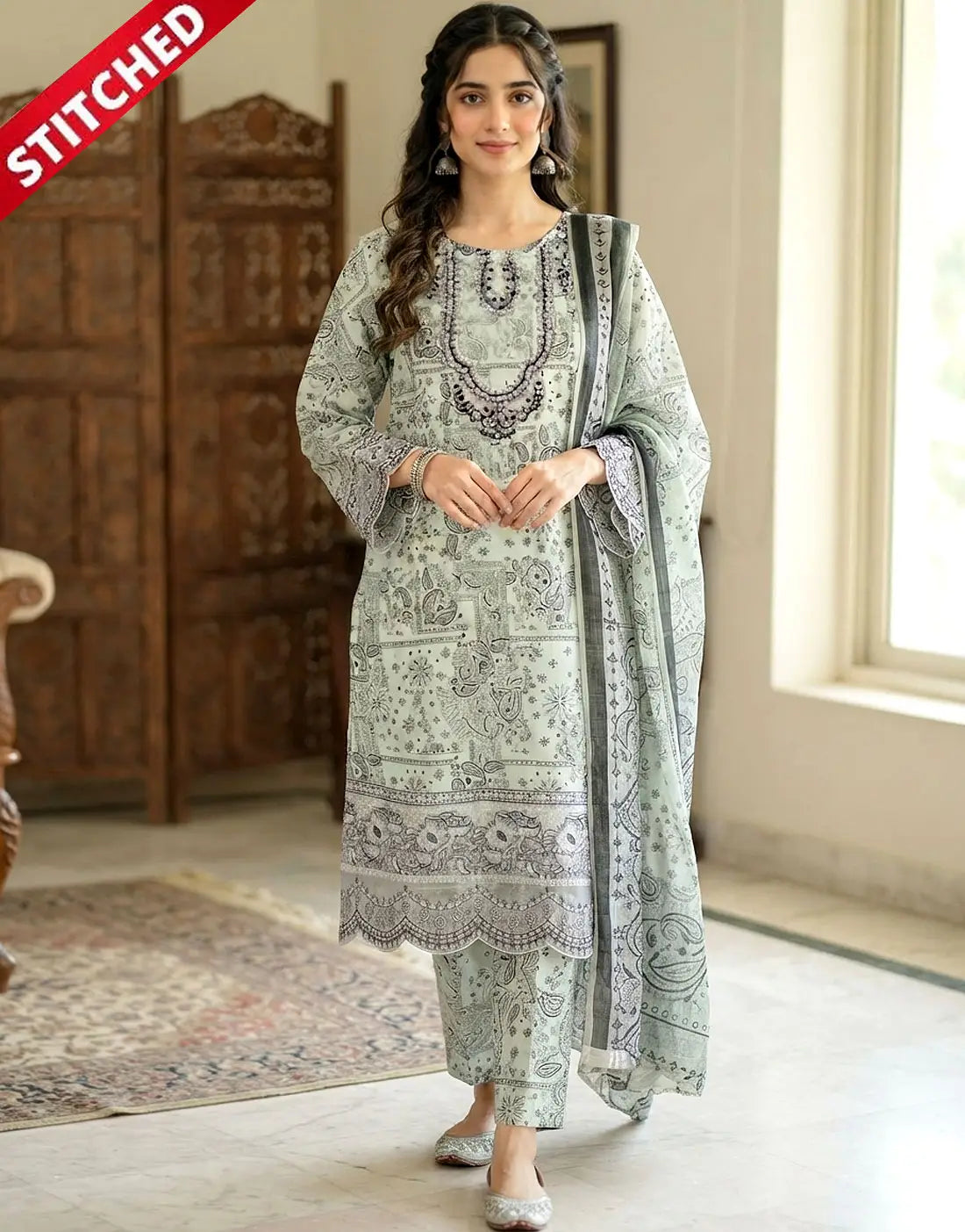 Readymade 3-Piece Embroidered Sage Green Cotton Dress - Perfect for Party & Formal Wear