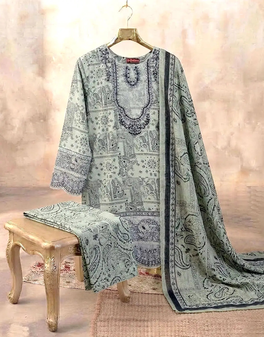 Readymade 3-Piece Embroidered Sage Green Cotton Dress - Perfect for Party & Formal Wear