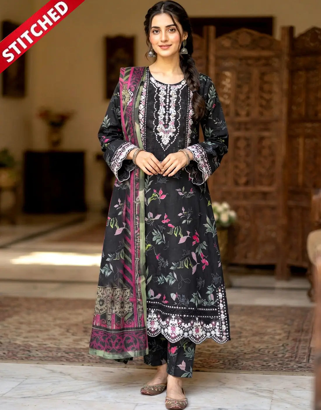 Stitched 3-Piece Embroidered Black Cotton Party Wear Dress