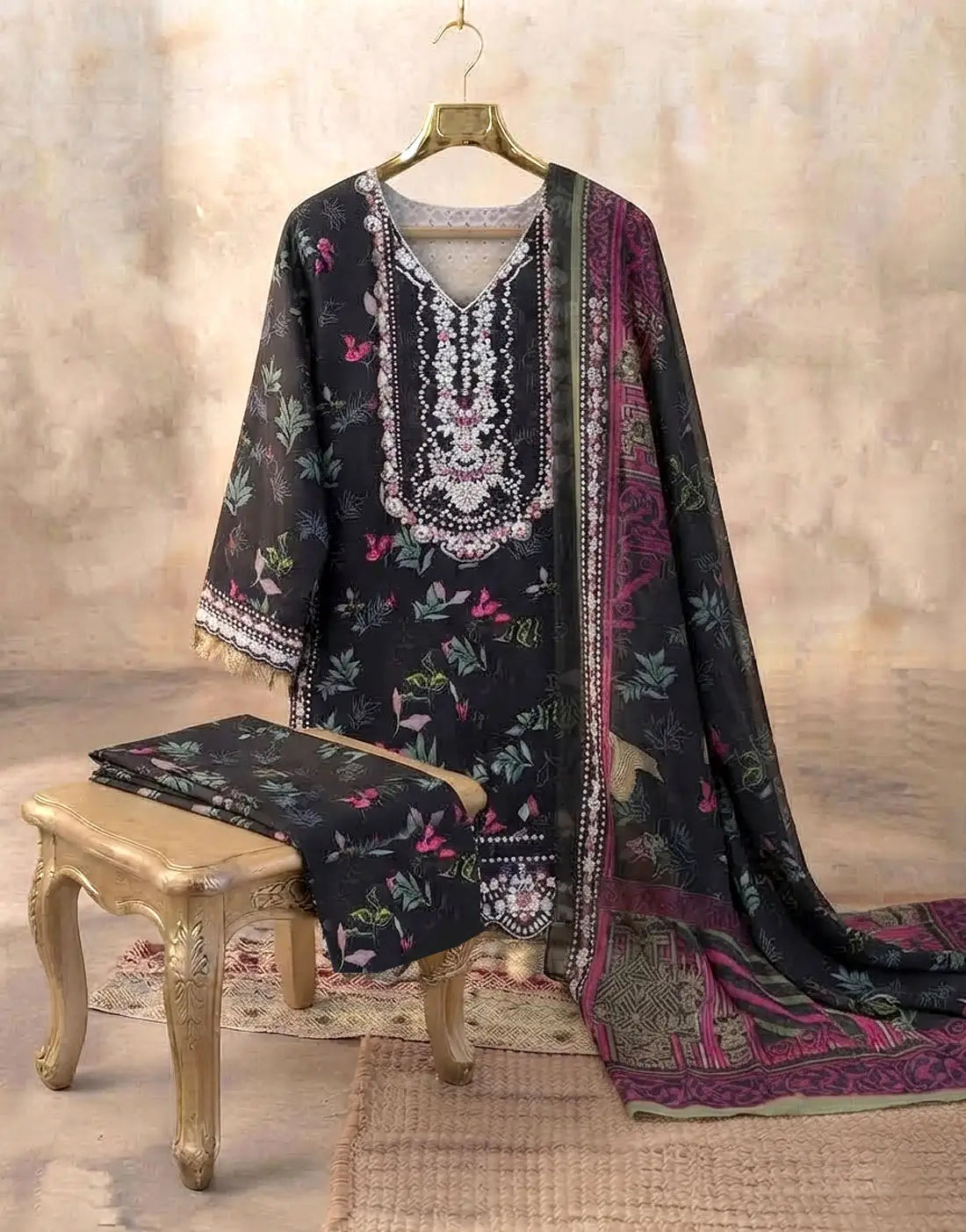 Stitched 3-Piece Embroidered Black Cotton Party Wear Dress