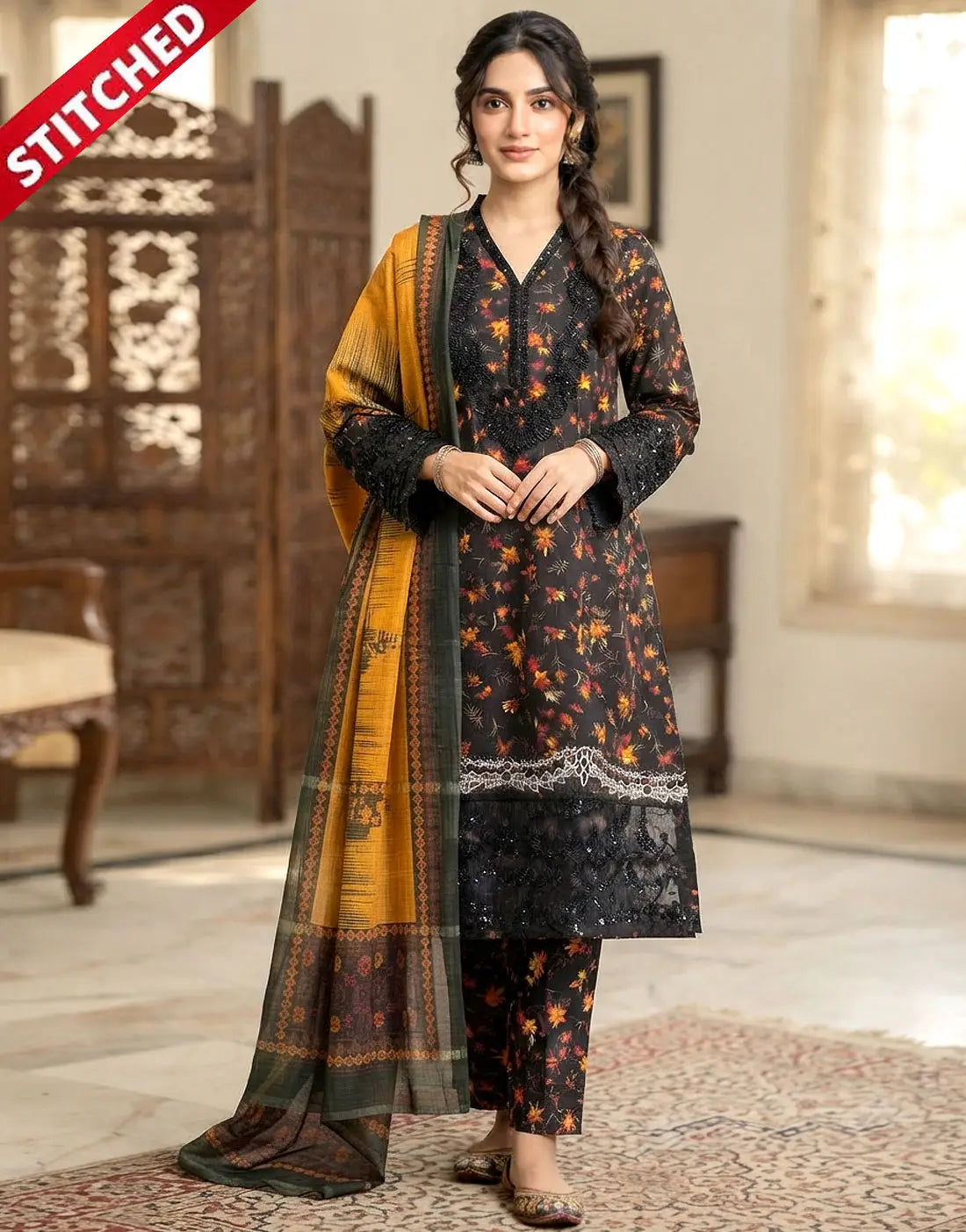 Readymade 3-Piece Embroidered Cotton Party Wear Dress