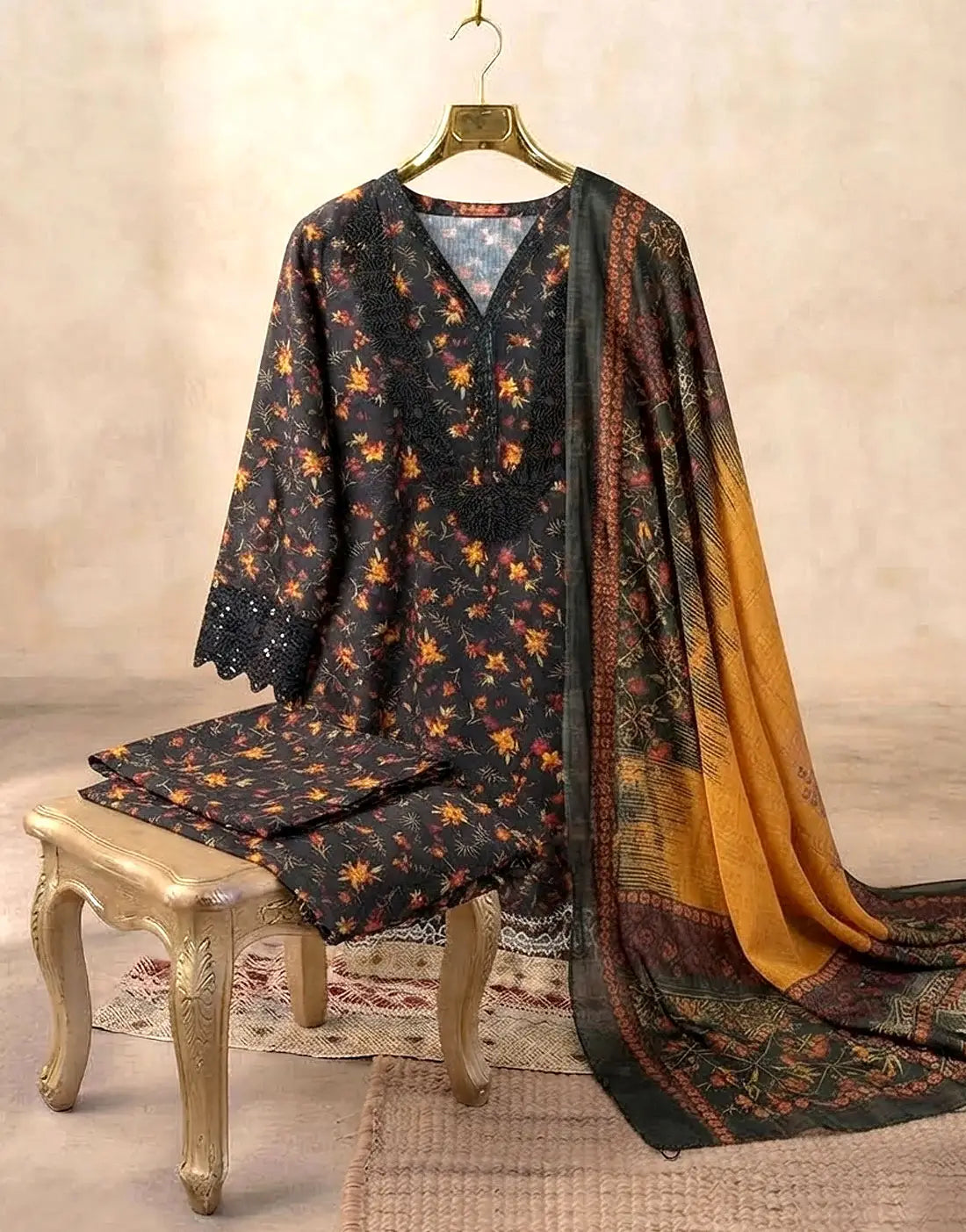 Readymade 3-Piece Embroidered Cotton Party Wear Dress