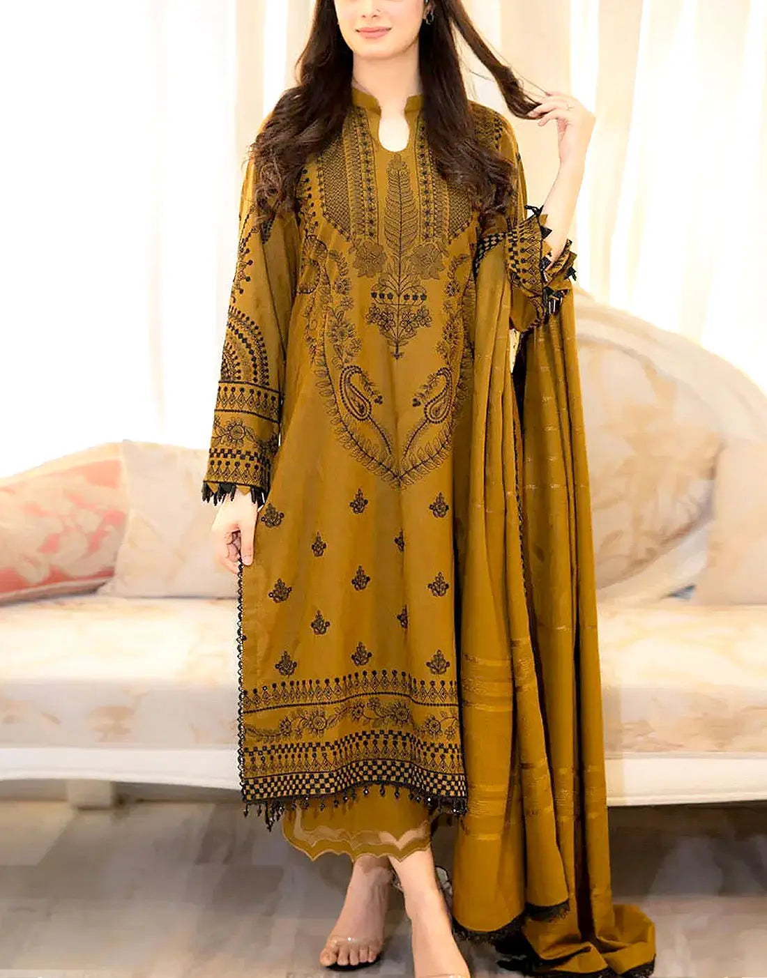 Elegant Embroidered Mustard Dhanak Winter Dress with Dhanak Shawl