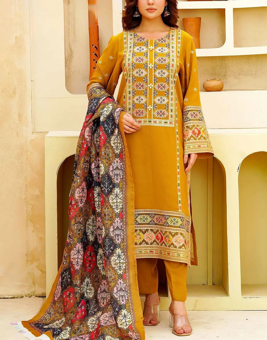 Aneela's Heavy Embroidered Gilded Dhanak Dress with Printed Wool Shawl