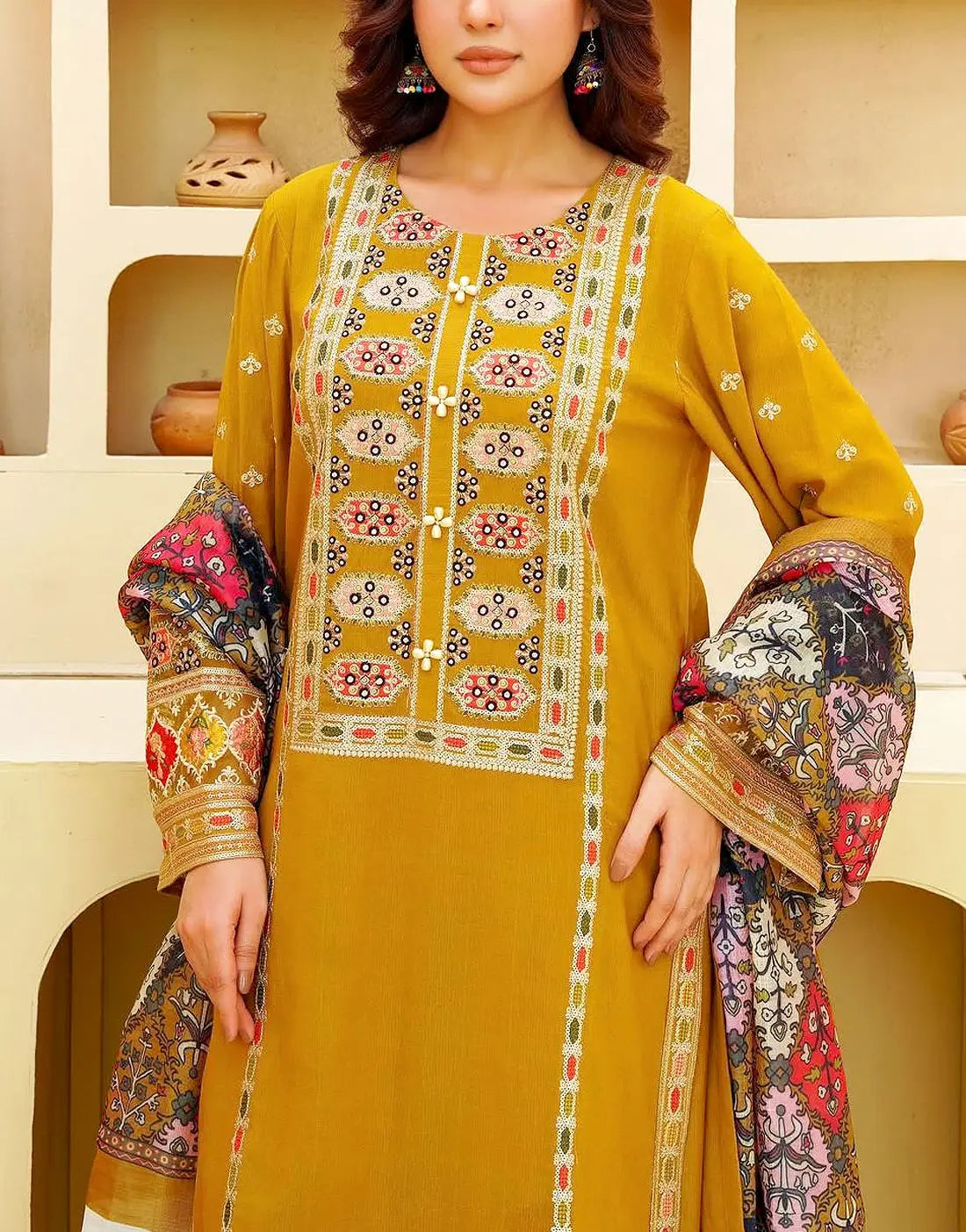 Aneela's Heavy Embroidered Gilded Dhanak Dress with Printed Wool Shawl