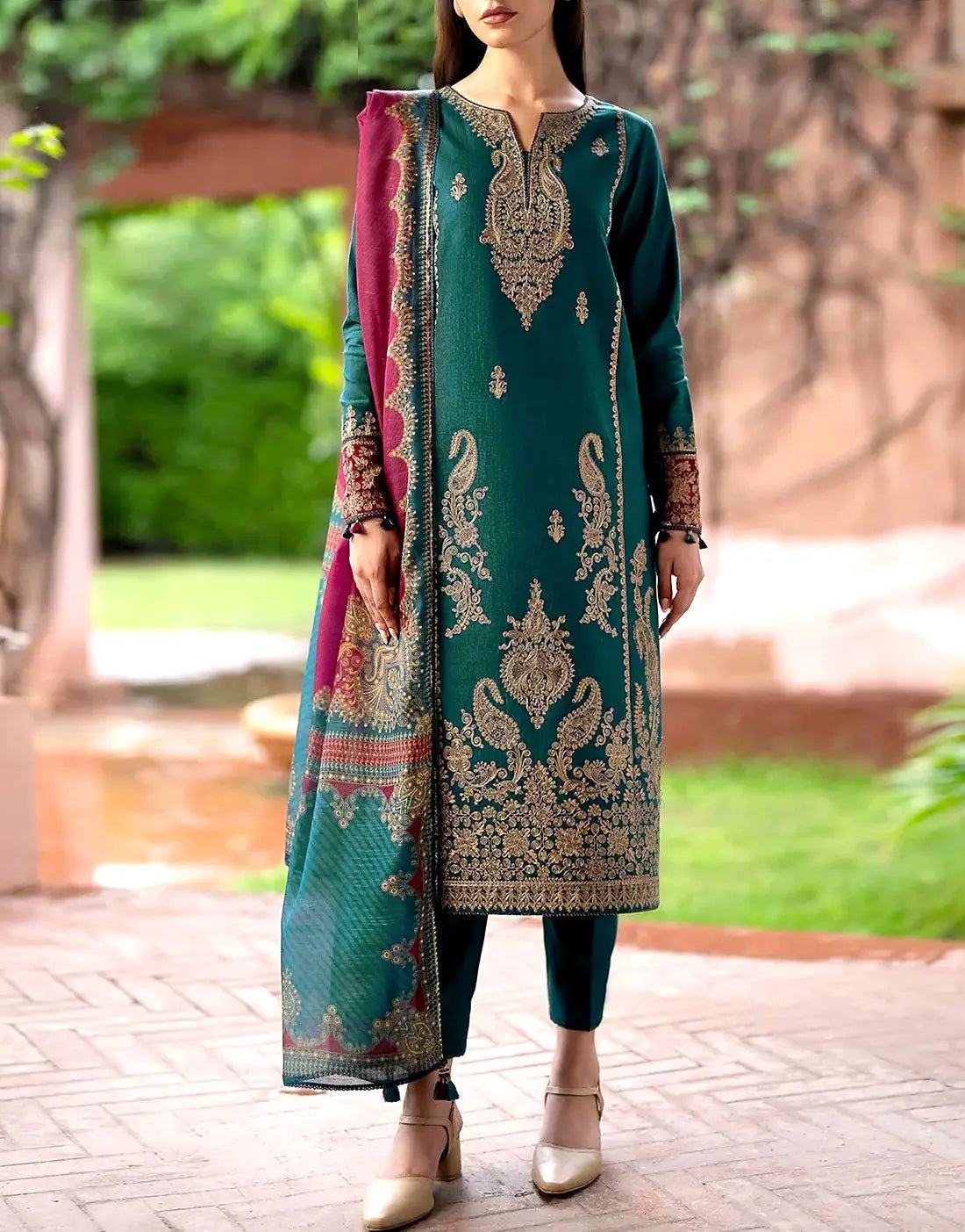 navy blue dress for baby girl Elegant Embroidered Dhanak Winter Dress with Kotrai Shawl – Best Price  Online in Pakistan