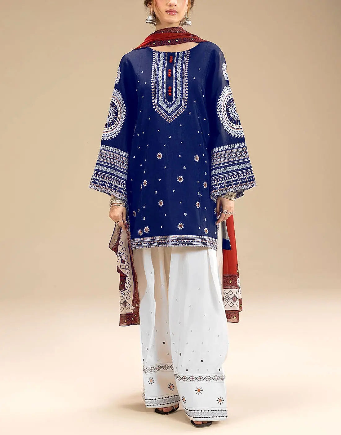 Trendy Embroidered Navy Blue Dhanak Winter Dress for Girls