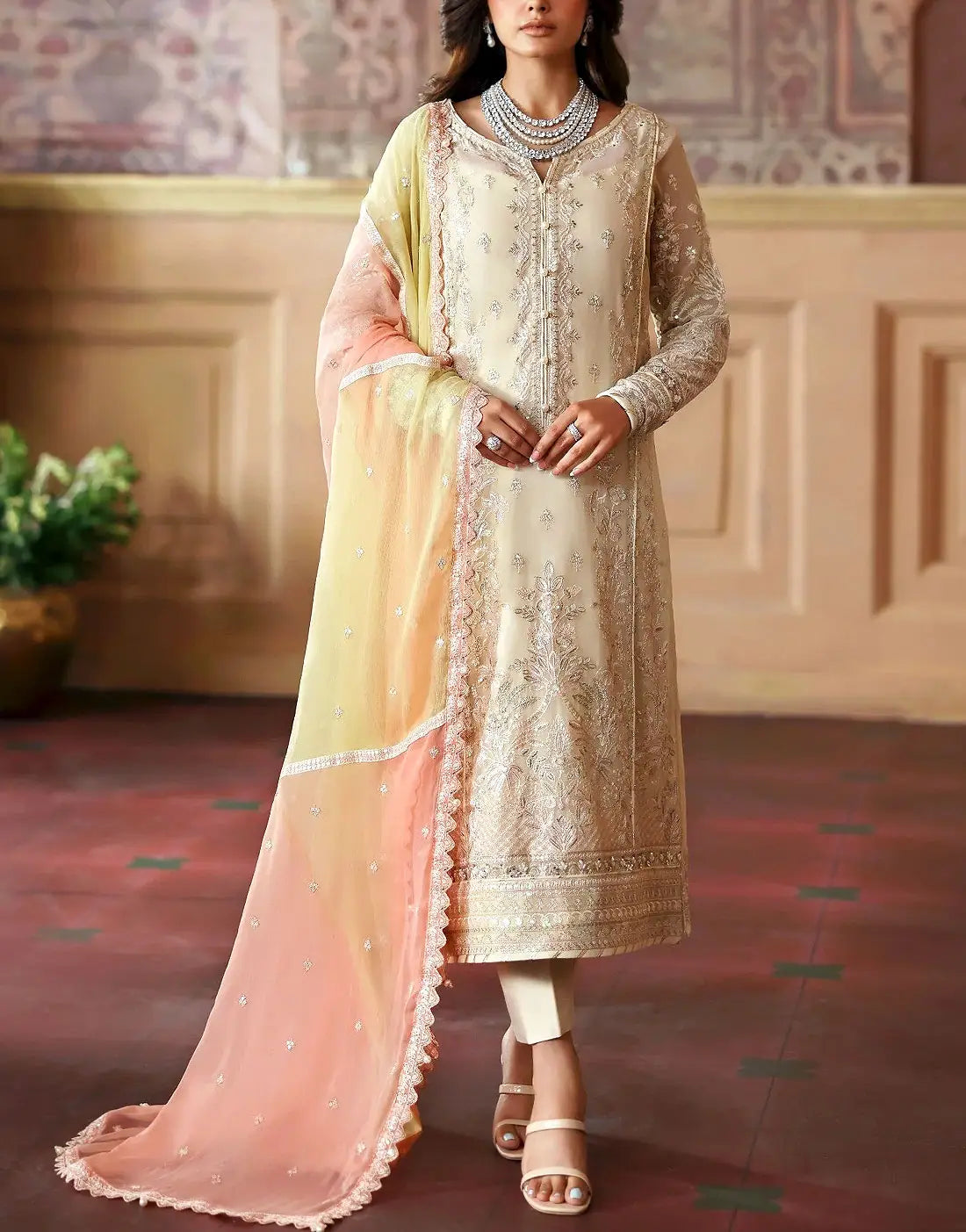 Classy Embroidered Ivory Chiffon Wedding Dress with HandβEmbellishments