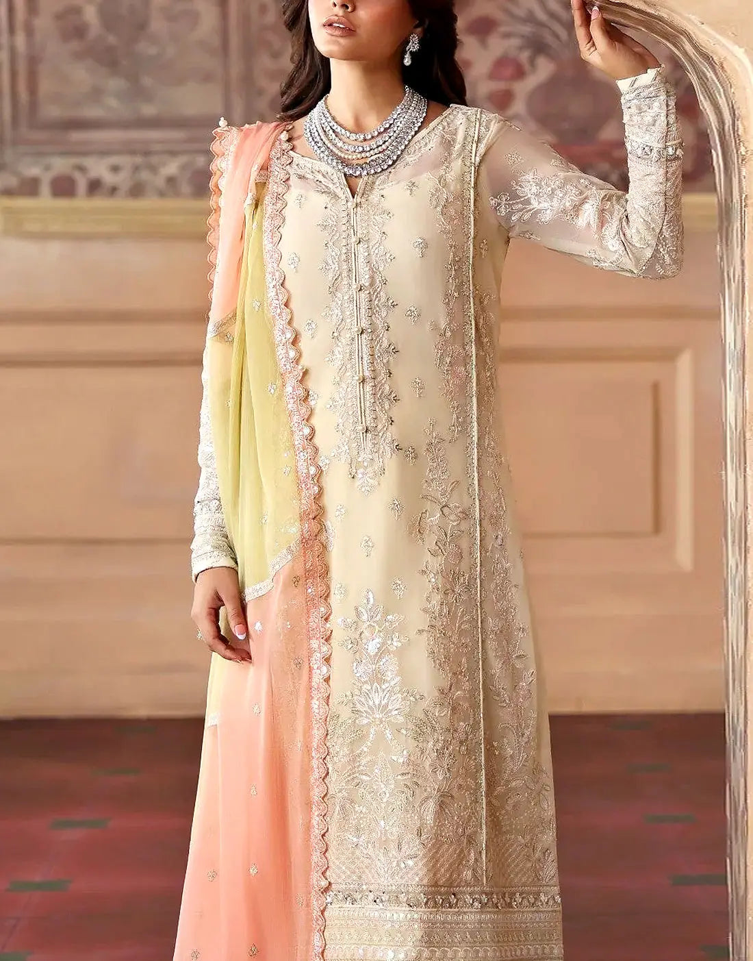 Classy Embroidered Ivory Chiffon Wedding Dress with HandβEmbellishments