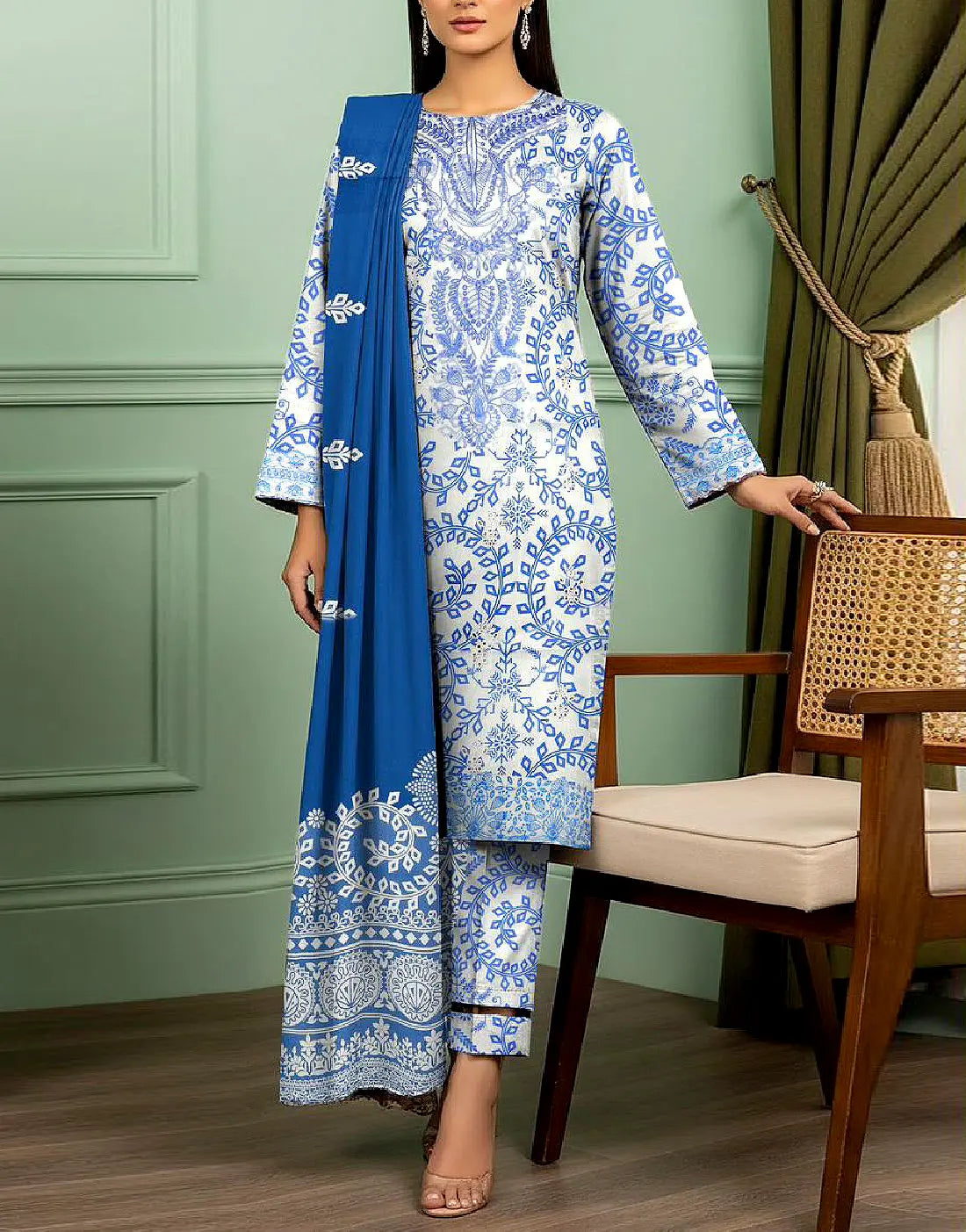 All-Over Digital Print Embroidered Karandi Dress for Winter Season