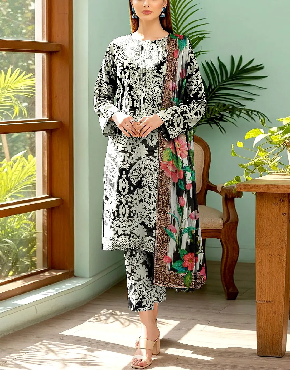 All-Over Digital Print Embroidered Karandi Dress for Winter Season