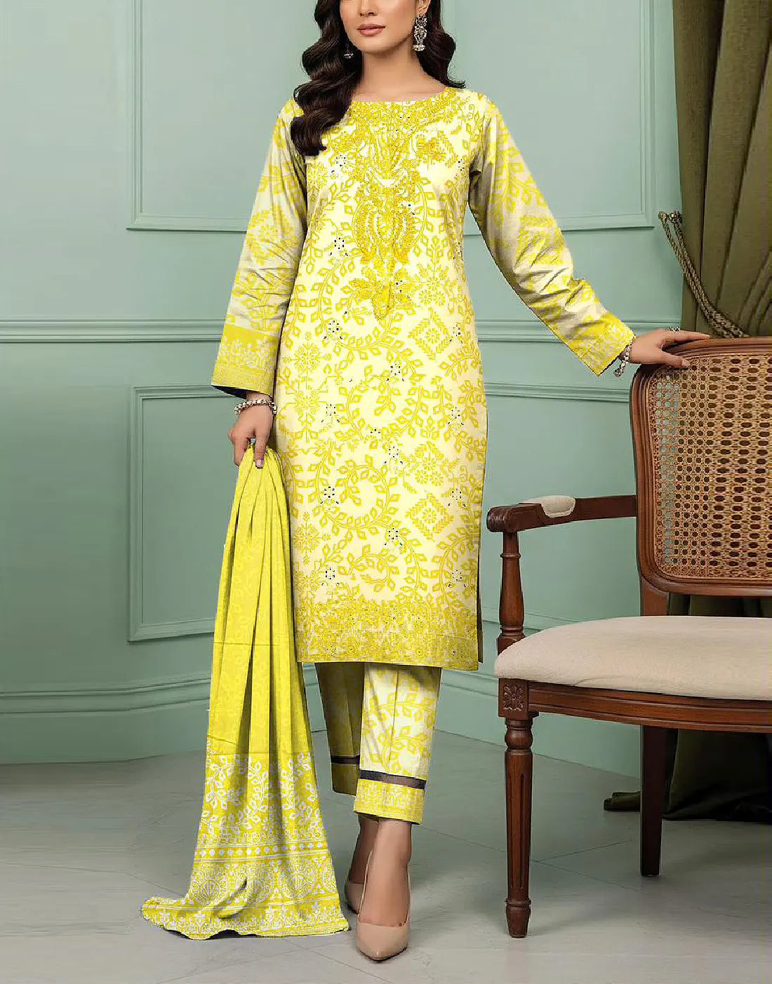 All-Over Digital Print Embroidered Karandi Dress for Winter Season