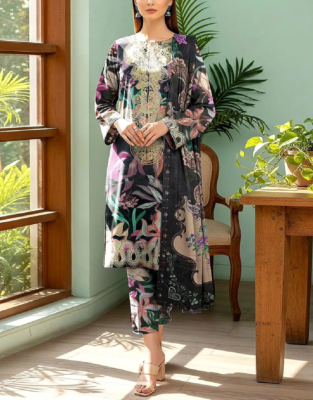 All-Over Digital Print Embroidered Karandi Dress for Winter Season