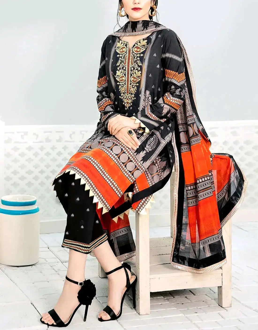All-Over Digital Print Embroidered Karandi Dress for Winter Season