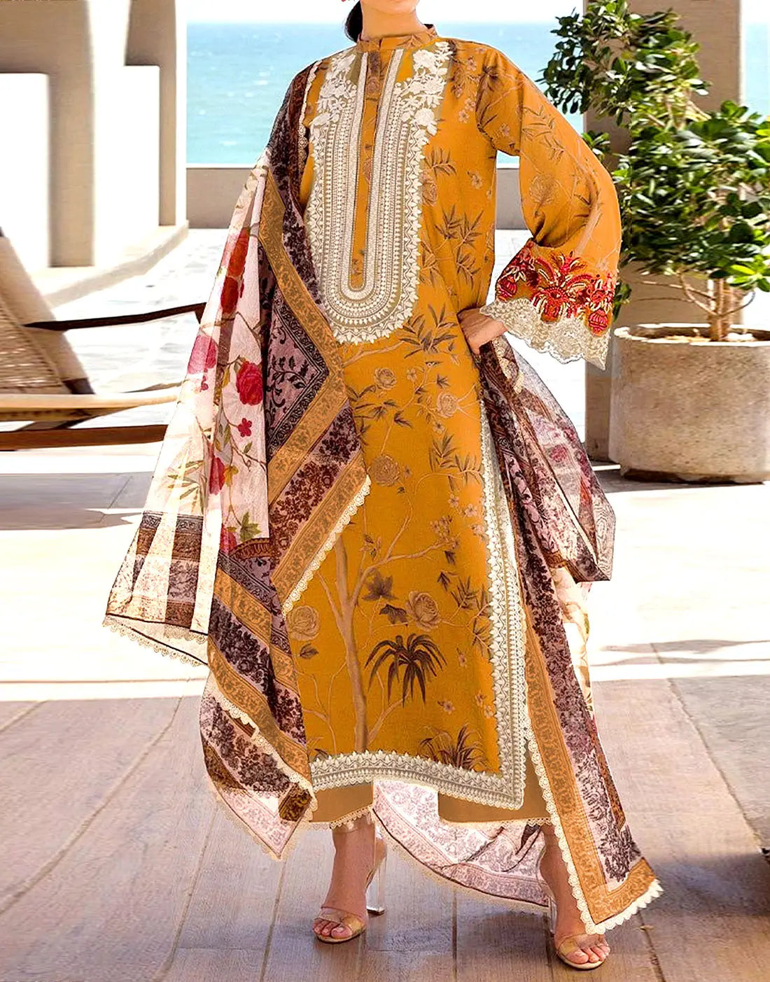 All-Over Digital Print Embroidered Karandi Dress for Winter