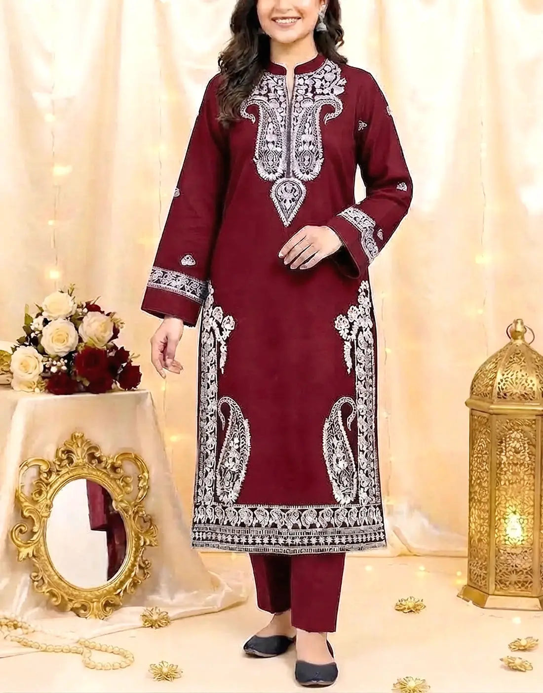 Decent 2-Piece Kashmiri Embroidered Khaddar Winter Dress for Girls