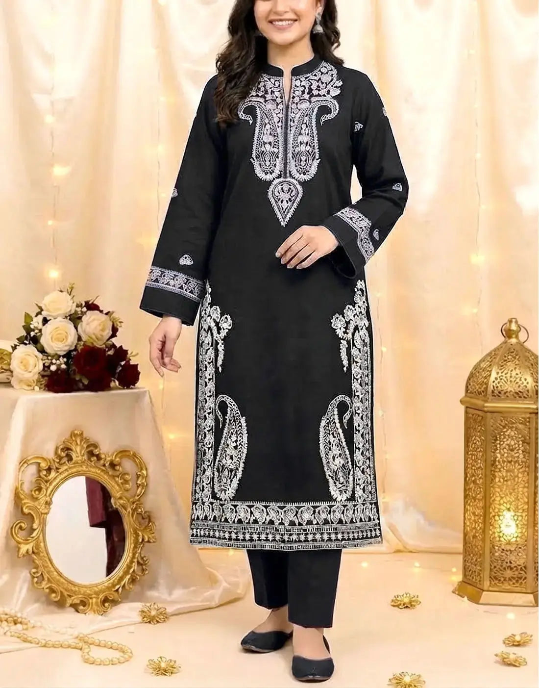 Decent 2-Piece Kashmiri Embroidered Khaddar Winter Dress for Girls