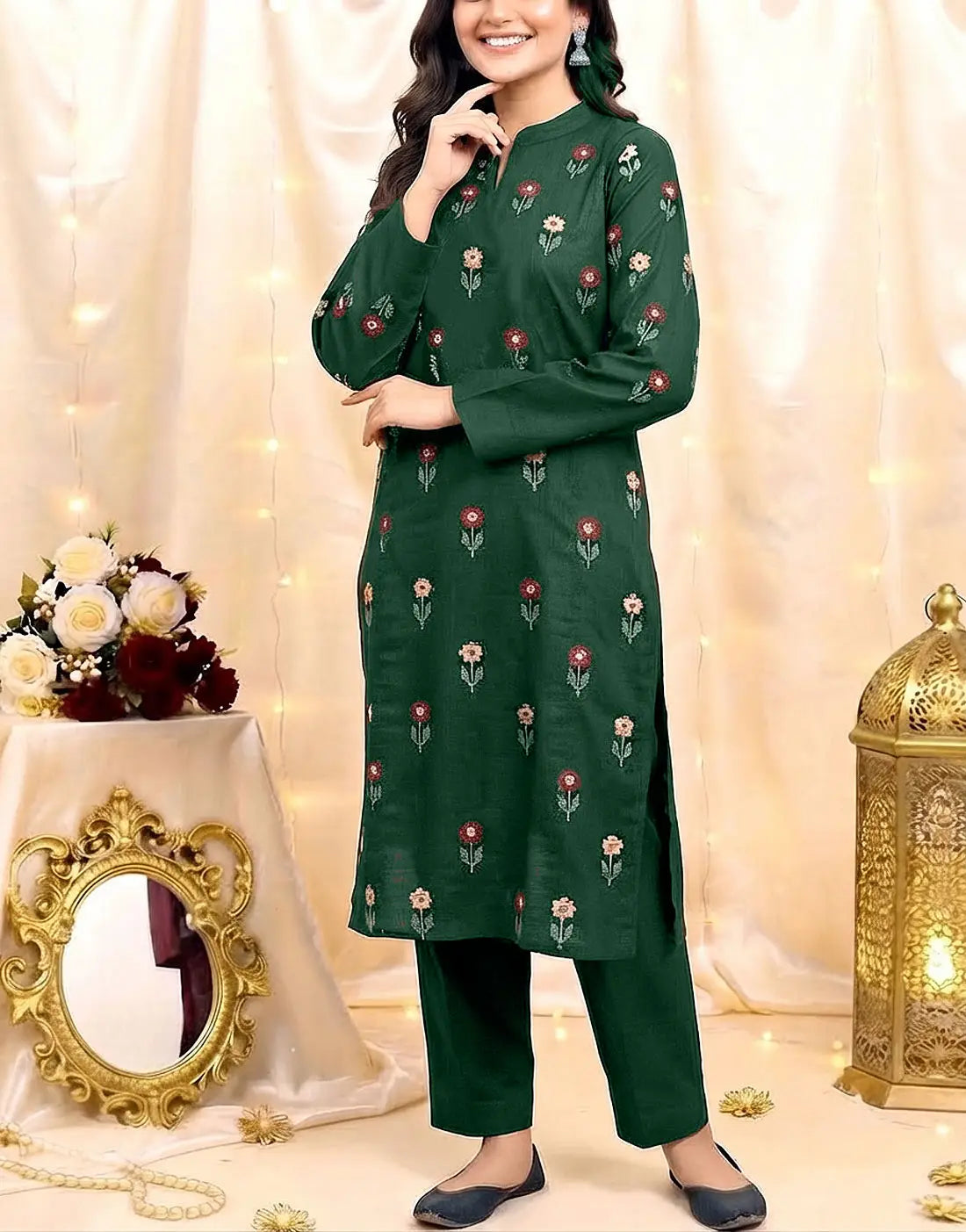 Elegant 2-Piece Multicolor Floral Booti Embroidered Khaddar Dress for Girls