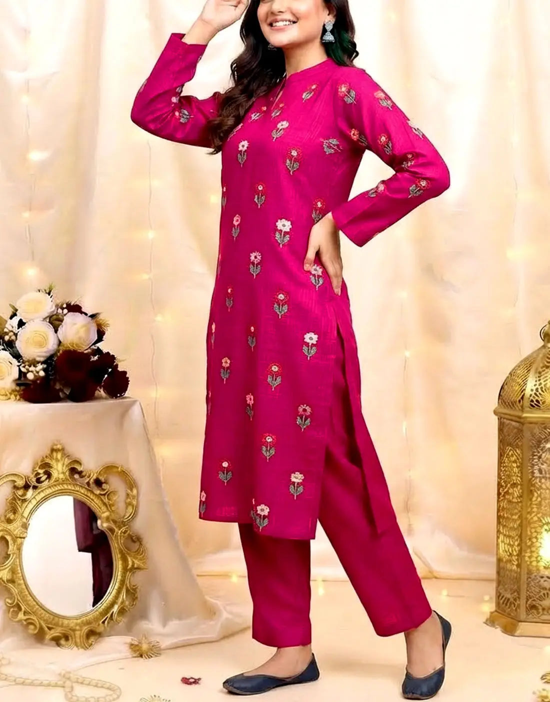 Elegant 2-Piece Multicolor Floral Booti Embroidered Khaddar Dress for Girls