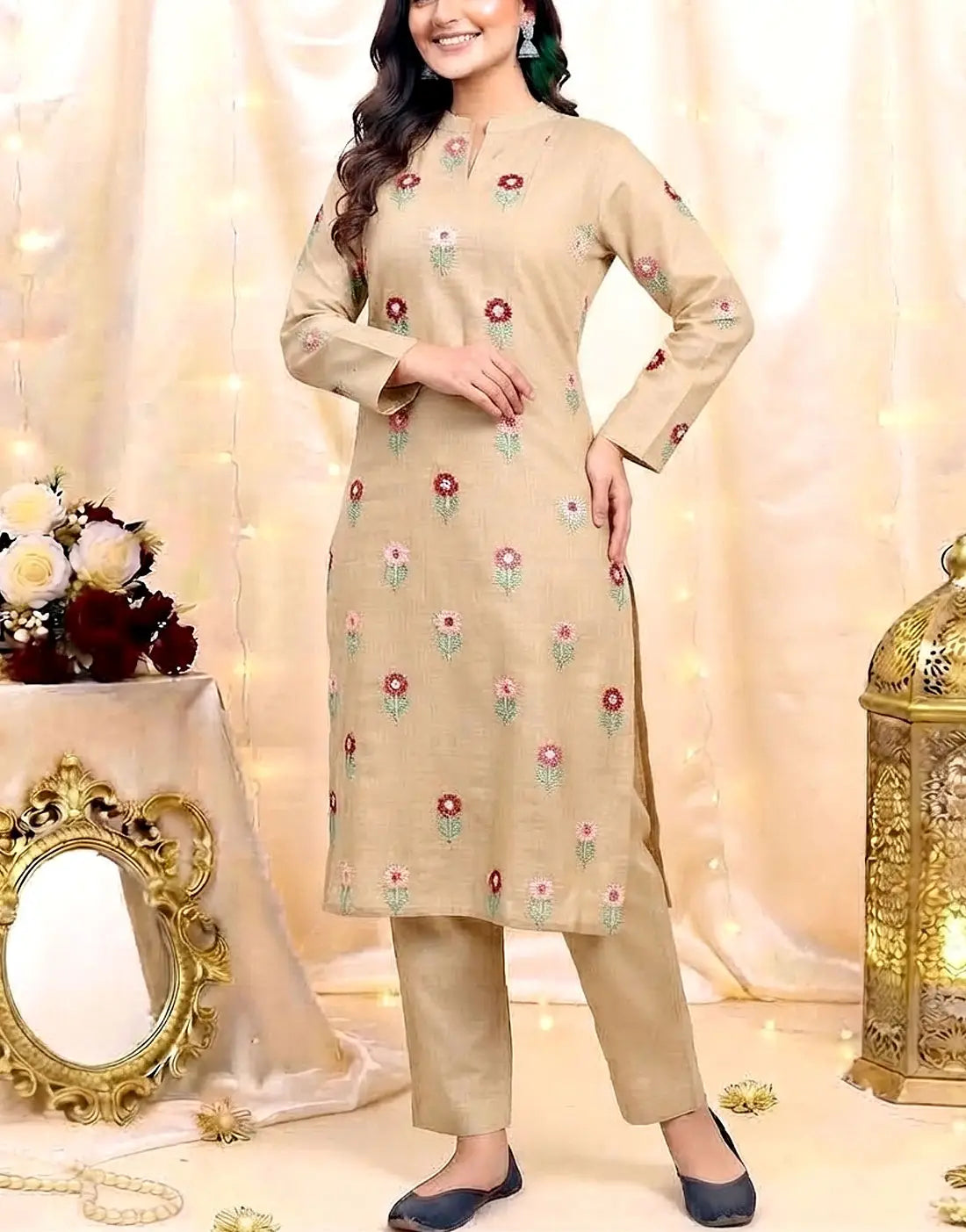 Elegant 2-Piece Multicolor Floral Booti Embroidered Khaddar Dress for Girls