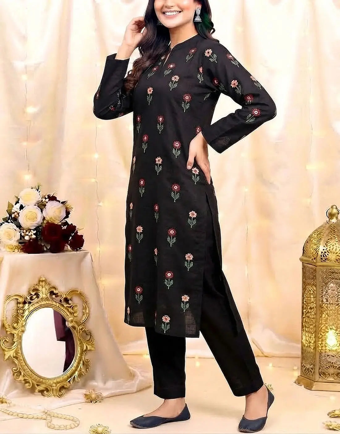 Elegant 2-Piece Multicolor Floral Booti Embroidered Khaddar Dress for Girls