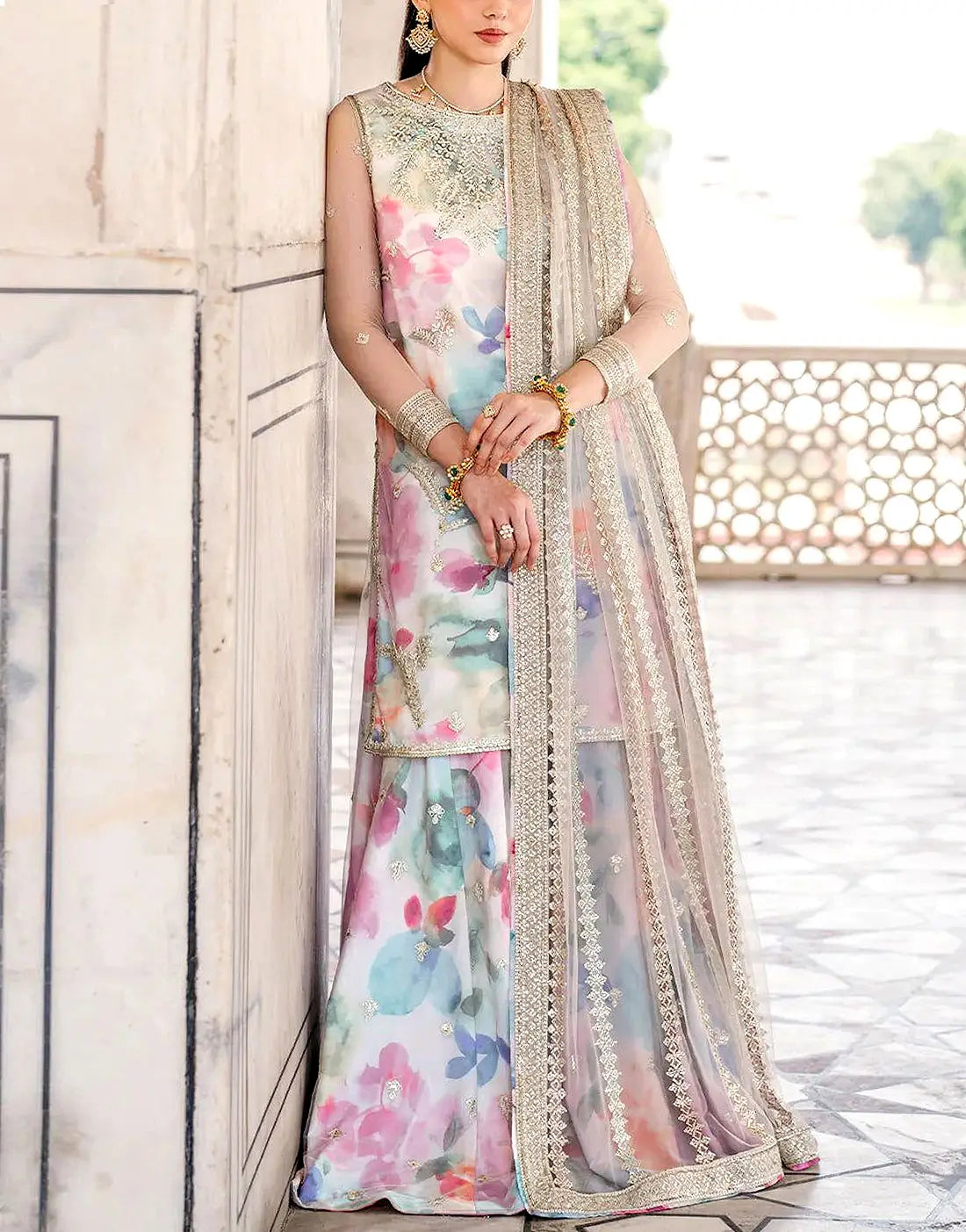 All-Over Print Embroidered EID Lawn Dress Design with Emb NET Dupatta