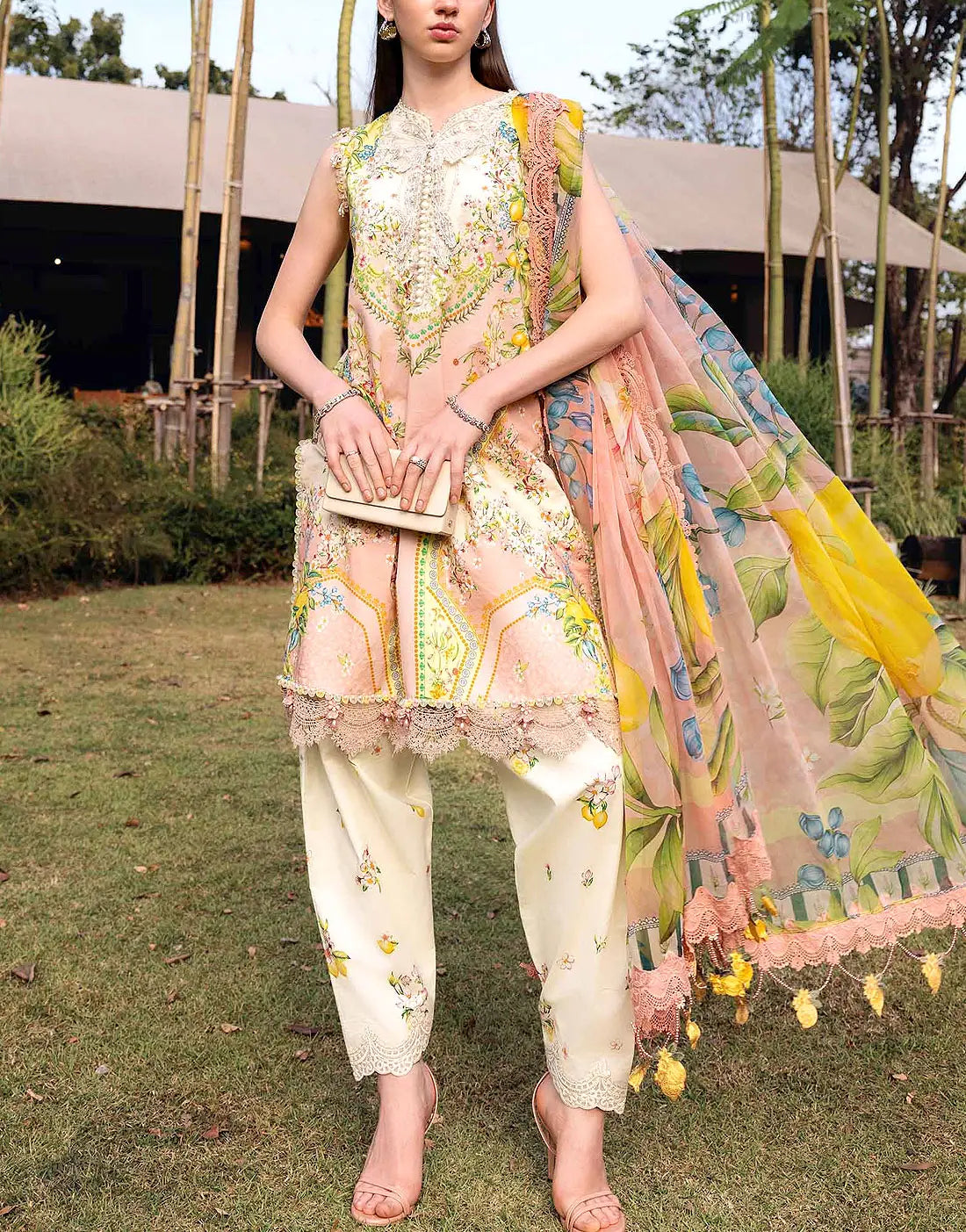 All-Over Print Embroidered Lawn Dress Design with Emb. Chiffon Dupatta