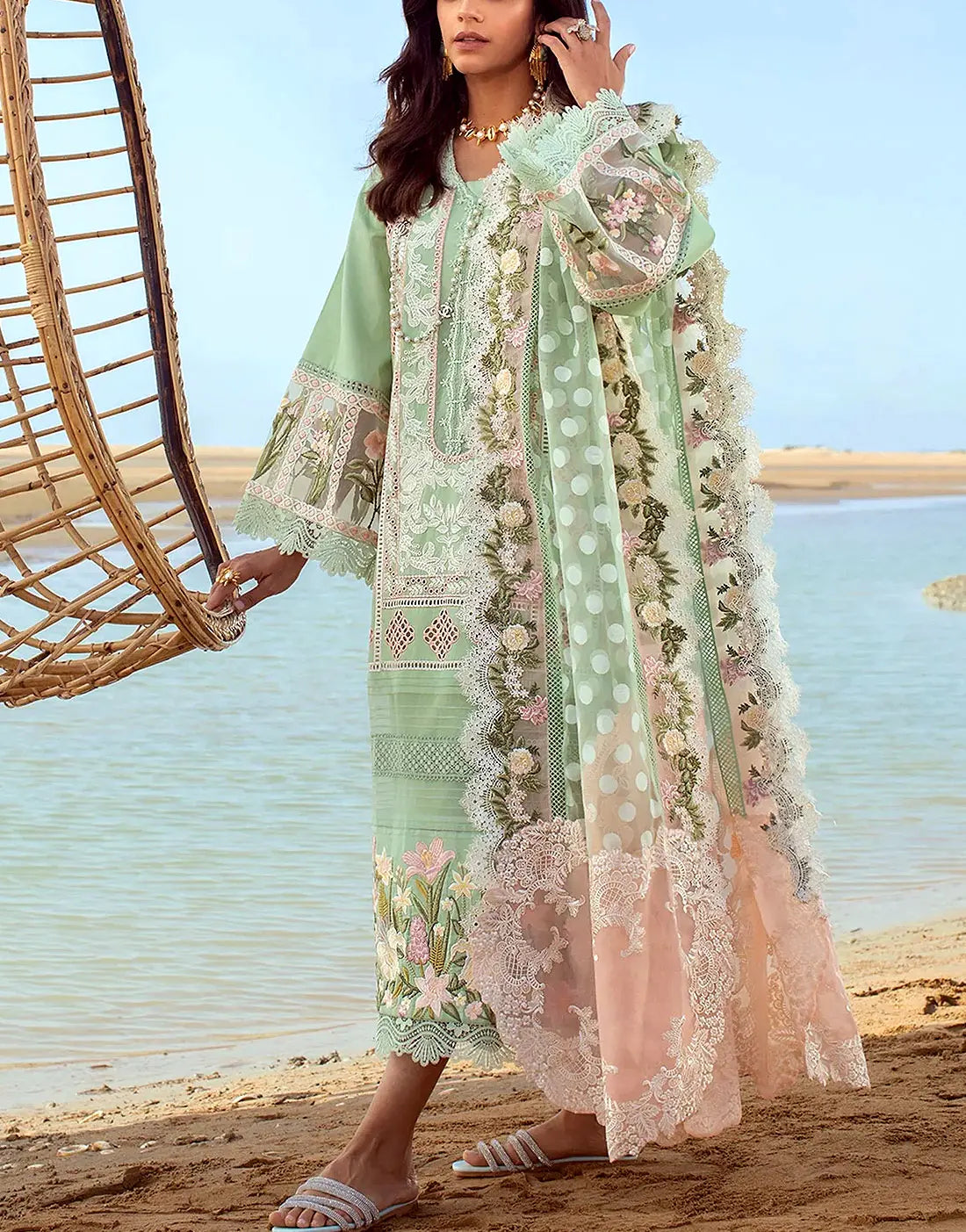 Luxury Schiffli Embroidered Mint Green Lawn Dress for Summer Party Wear