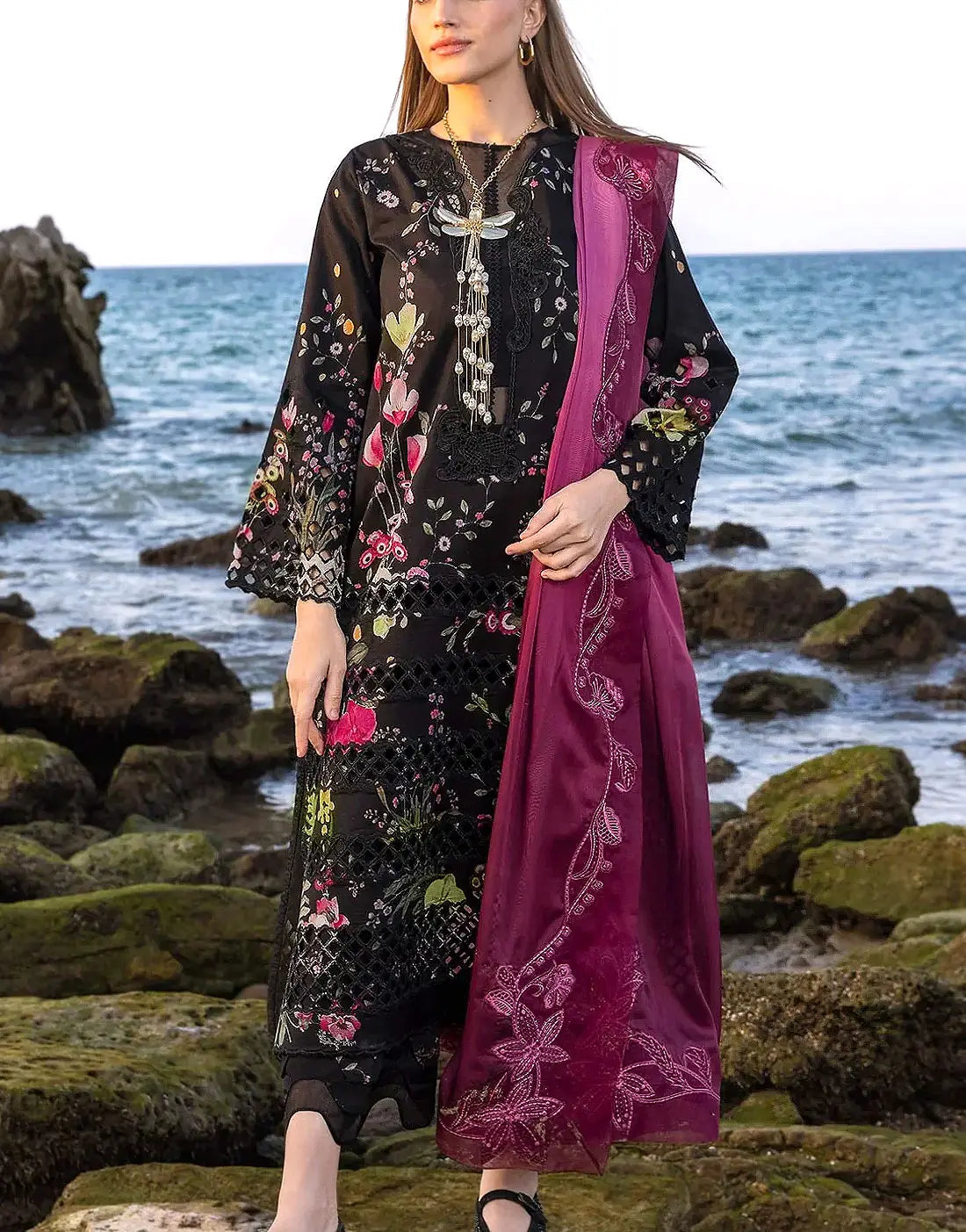 All‑Over Digital Print Schiffli Embroidered Black Lawn Dress for Daily & Party Wear
