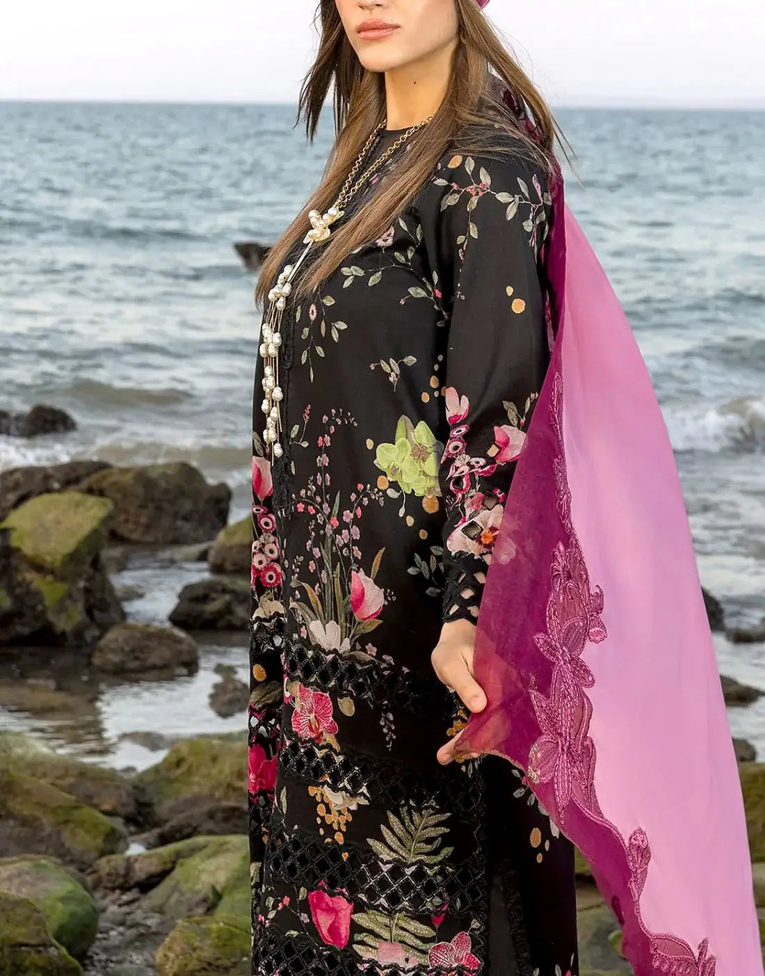 All‑Over Digital Print Schiffli Embroidered Black Lawn Dress for Daily & Party Wear