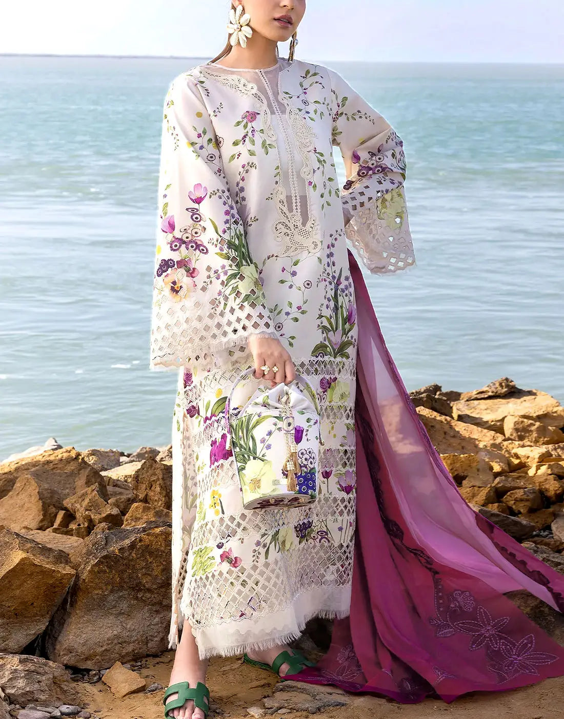 All‑Over Digital Print Schiffli Embroidered White Lawn Dress for Daily & Party Wear