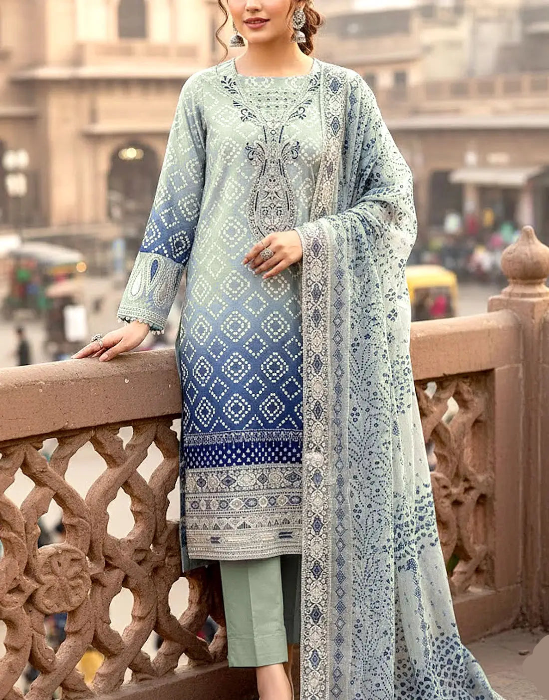 Heavy Embroidered Chunri Print Lawn Dress Design with 4-Side Emb. Chiffon Dupatta