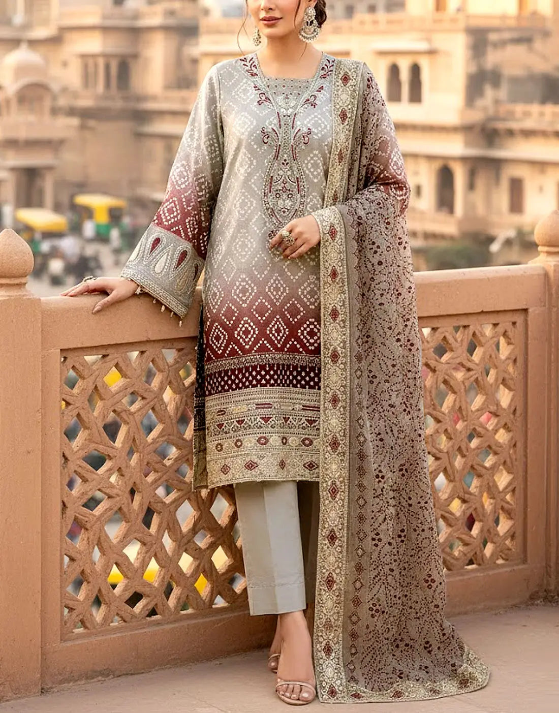 Heavy Embroidered Chunri Print Lawn Dress Design with 4-Side Emb. Chiffon Dupatta