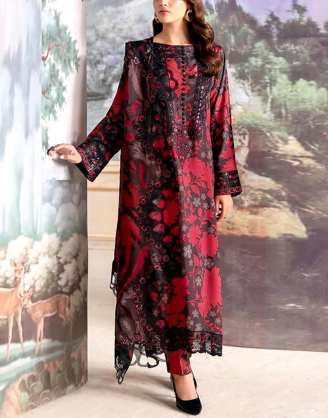 All-Over Print Black & Red Embroidered Lawn Dress for Eid & Party Wear