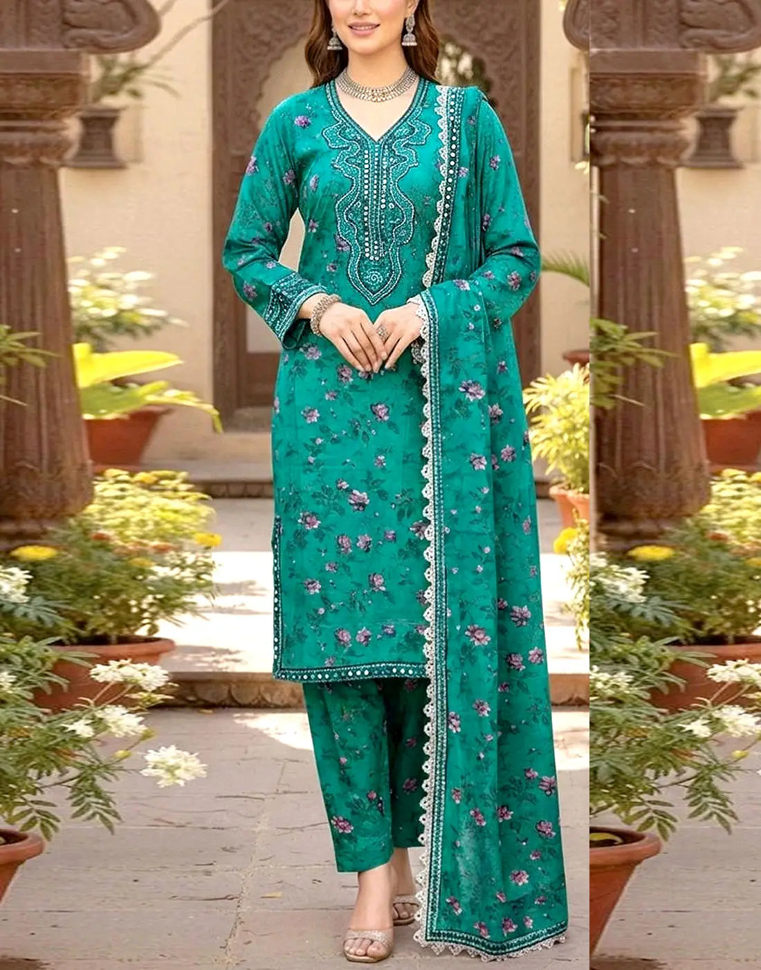 All-Over Print Embroidered Lawn Suit with 4-Side Emb. Chiffon Dupatta