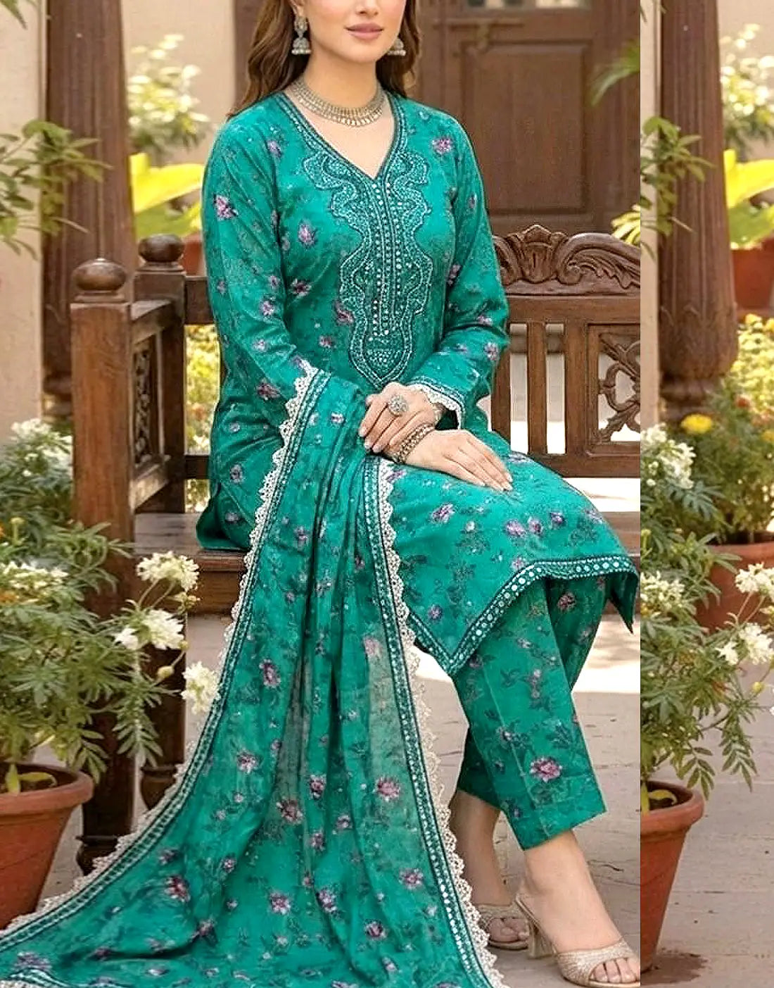 All-Over Print Embroidered Lawn Suit with 4-Side Emb. Chiffon Dupatta