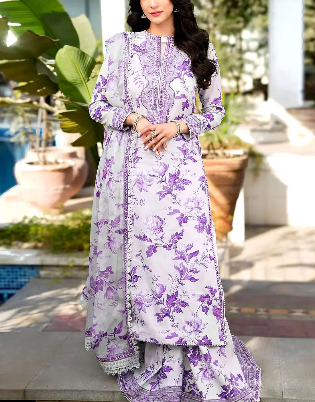Aneela's Flower Print Embroidered Lawn Dress with 4-Side Emb. Chiffon Dupatta