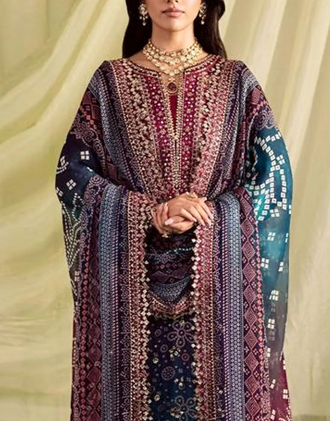 Digital Print Embroidered Multicolor Ombre Lawn Dress with 4-Side Emb. Chiffon Dupatta