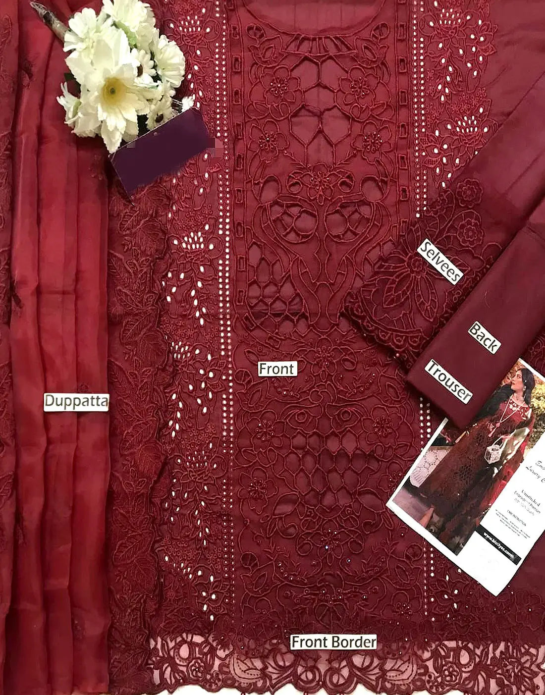 Luxury Embroidered with Elegant Cutwork Maroon Lawn Dress with Emb. Organza Dupatta