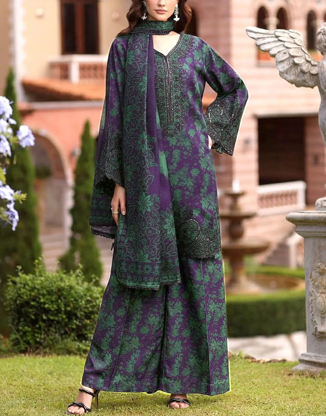 Trendy All-Over Print Embroidered Lawn Dress with 4-Side Emb. Chiffon Dupatta