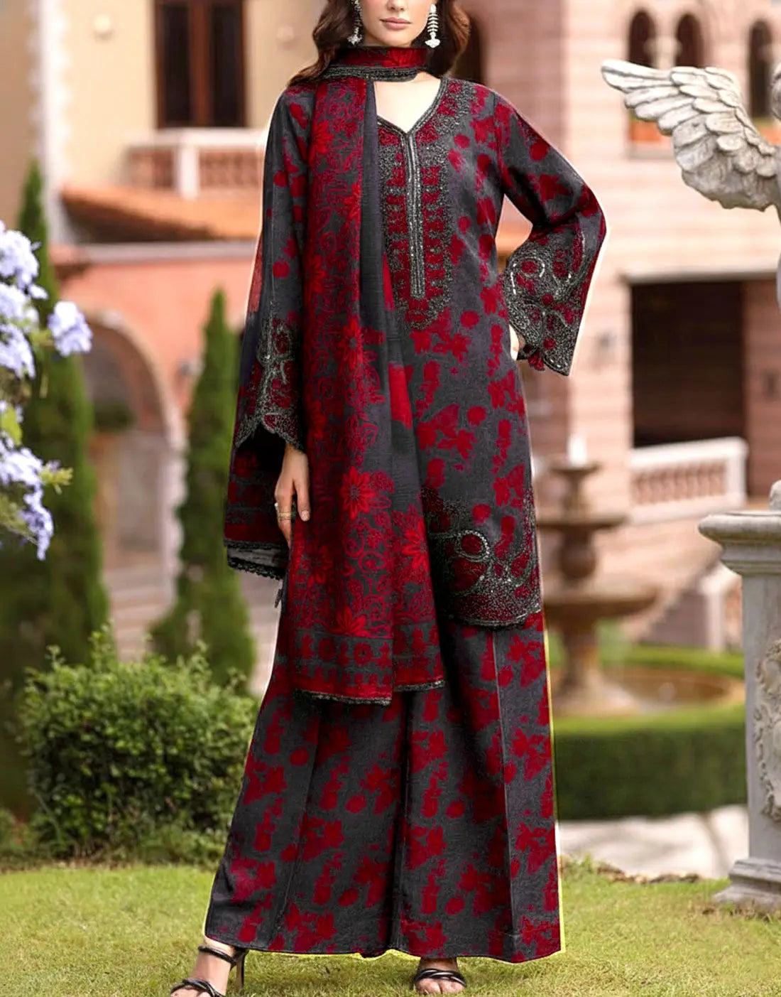 Trendy All-Over Print Embroidered Lawn Suit with 4-Side Emb. Chiffon Dupatta
