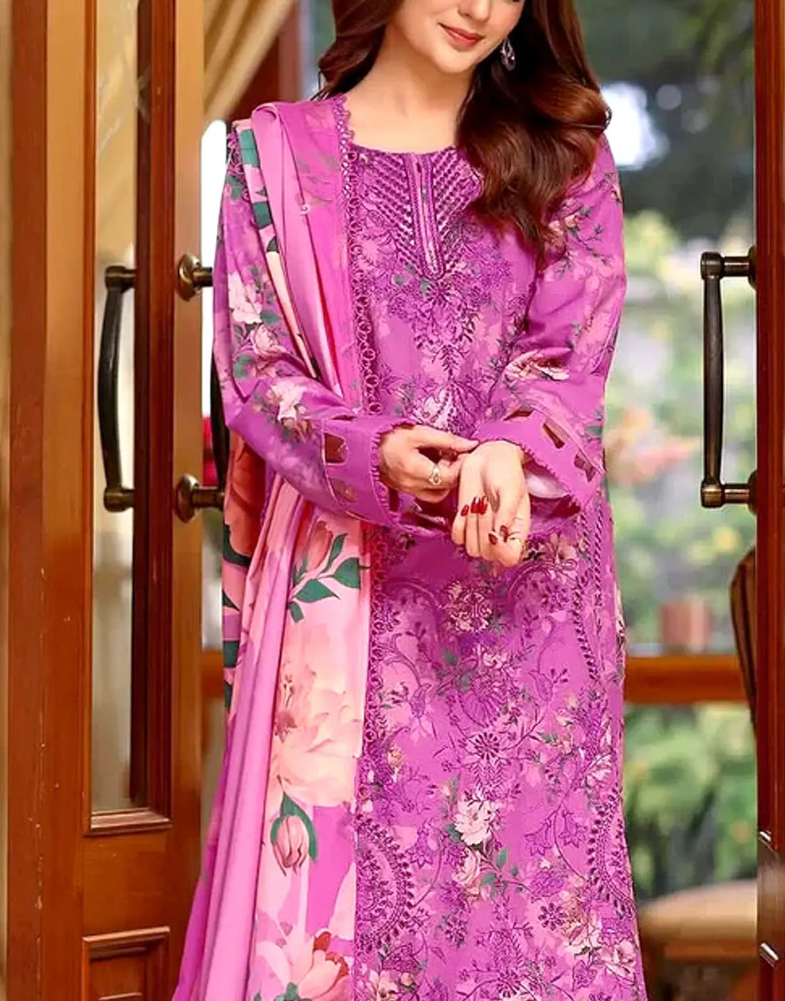 Aneela's All-Over Print Schiffli Embroidered Lawn Dress 4-Side Emb. Chiffon Dupatta
